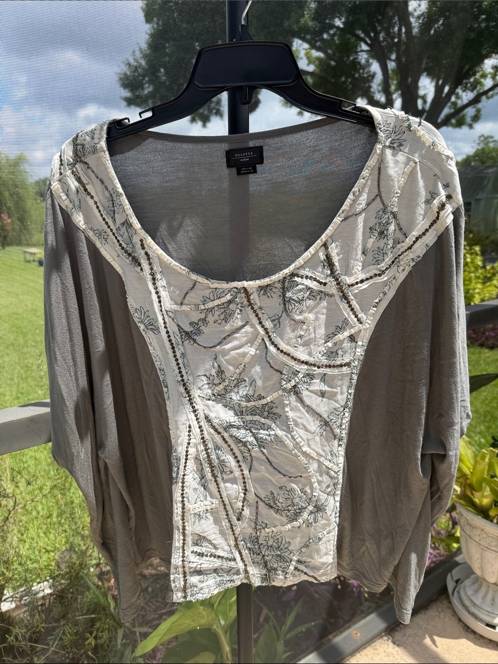 Anthology Deletta Bogo Gray Tunic with Cream Embroidered Front